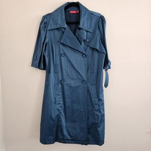 Elle Teal Double-Breasted Trench Coat Shiny Satiny 3/4 Sleeve Belt Detail Large
